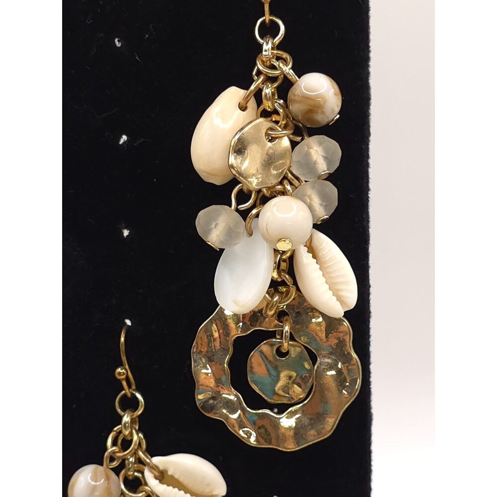 Bohemian Style Gold Tone Seashell & Bead Dangle Earrings - Picture 3 of 8